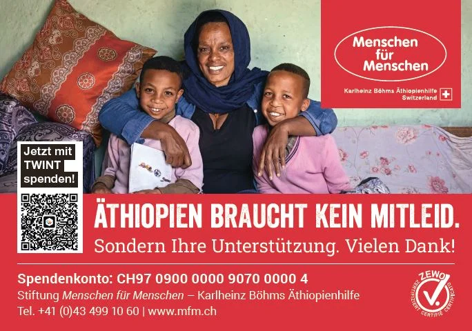 Inserat mit Bild und TWINT-QR-Code: "Exportieren Sie Hoffnung. In Äthiopien ist die Nachfrage besonders gross."