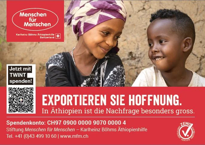 Inserat mit Bild und TWINT-QR-Code: "Exportieren Sie Hoffnung. in Äthiopien ist die Nachfrage besonders gross."